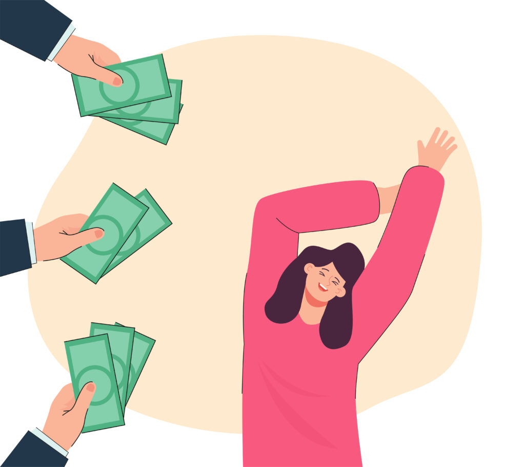 happy girl surrounded by hands with money